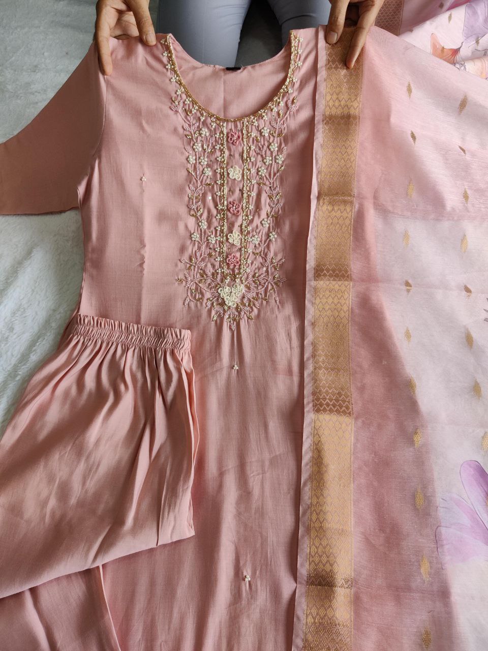 Dashing Peach Roman Silk Handworked Kurta Pant Dupatta Set - INDIAN ELEGANCE