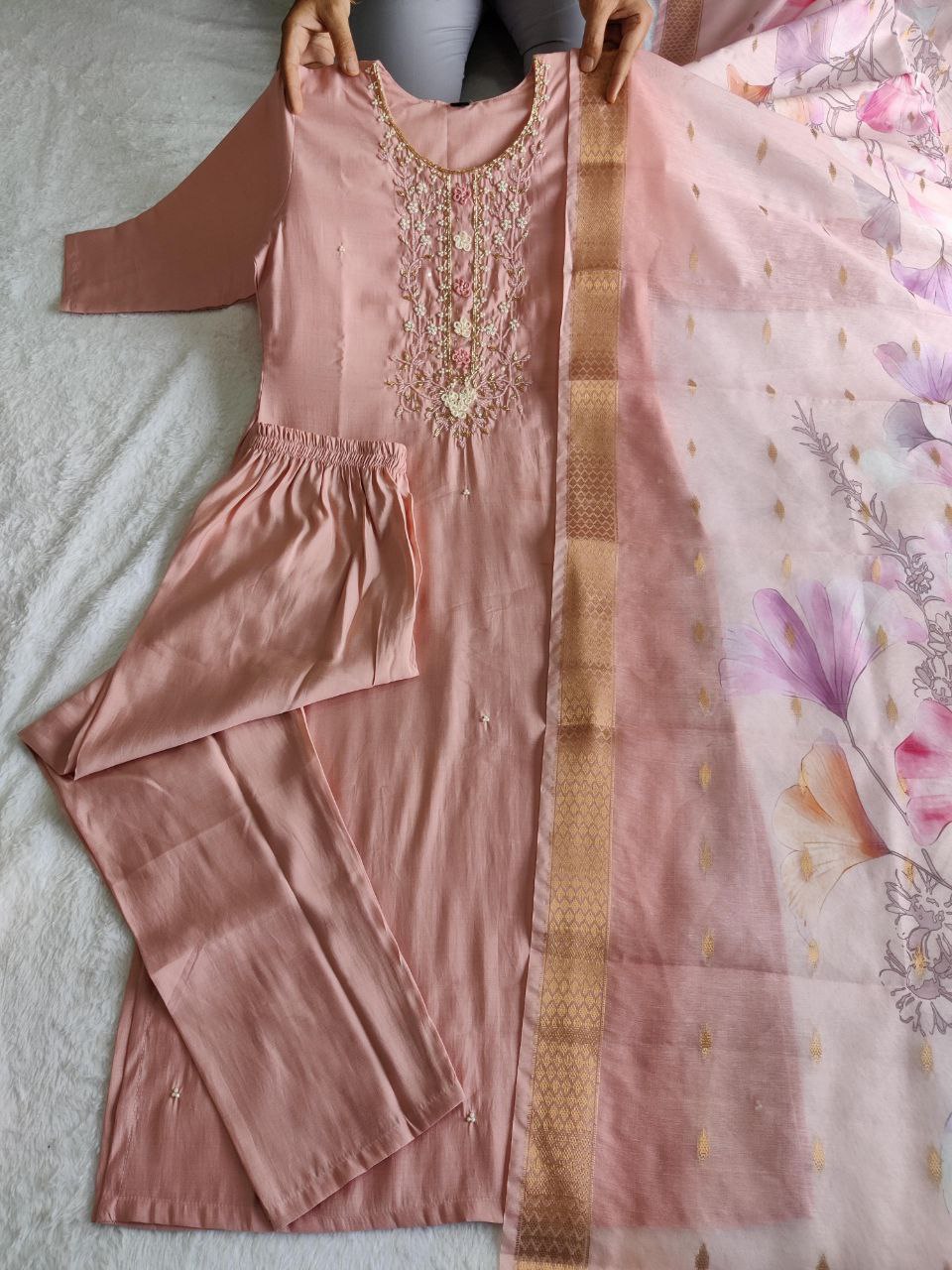 Dashing Peach Roman Silk Handworked Kurta Pant Dupatta Set - INDIAN ELEGANCE
