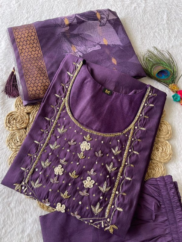 Posh Light Purple Roman Silk Handworked Kurta Pant Dupatta Set - INDIAN ELEGANCE