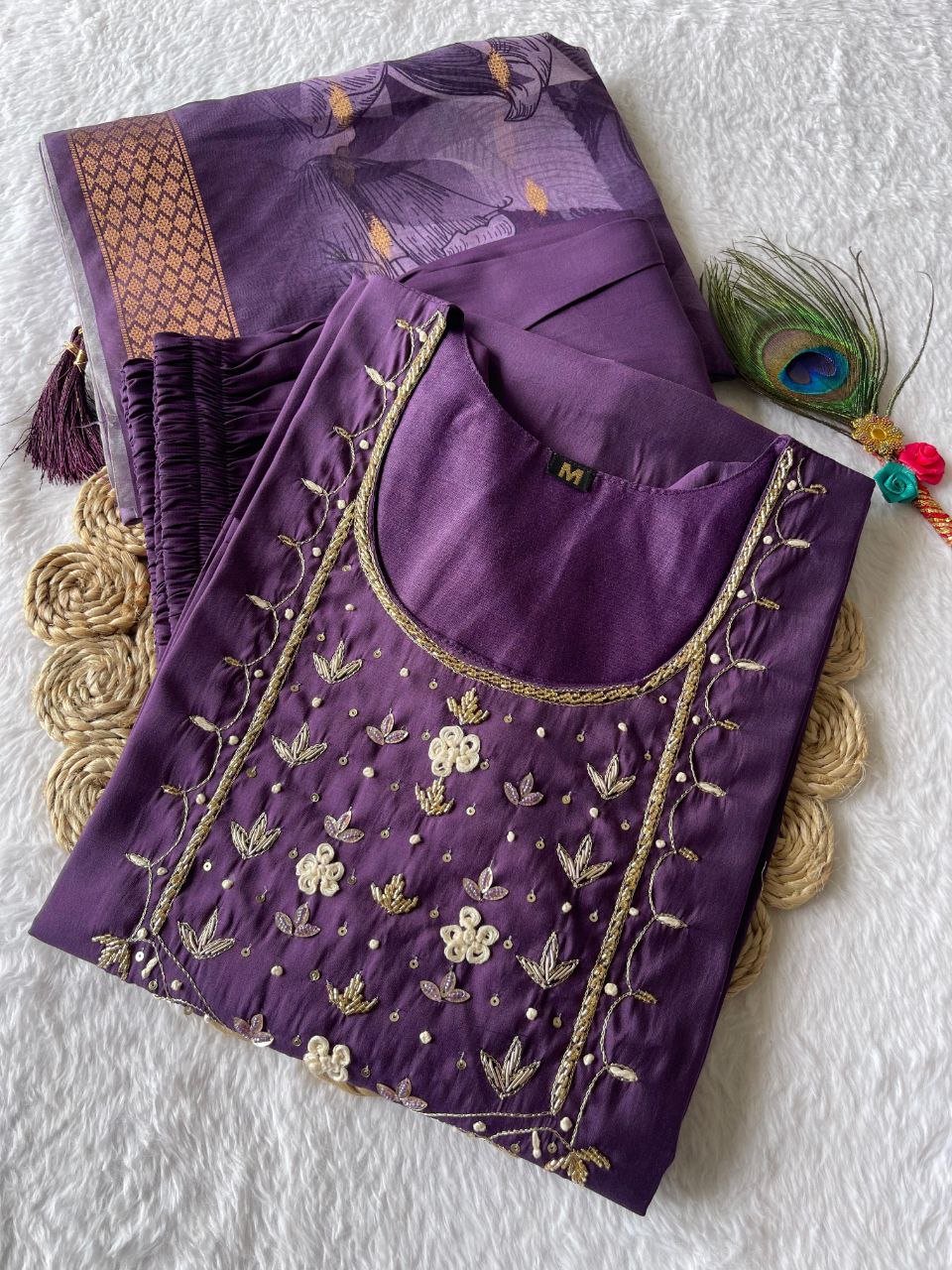 Posh Light Purple Roman Silk Handworked Kurta Pant Dupatta Set - INDIAN ELEGANCE
