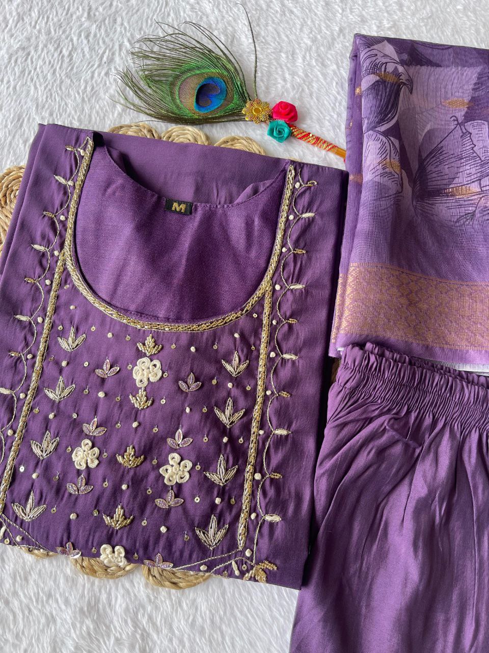 Posh Light Purple Roman Silk Handworked Kurta Pant Dupatta Set - INDIAN ELEGANCE