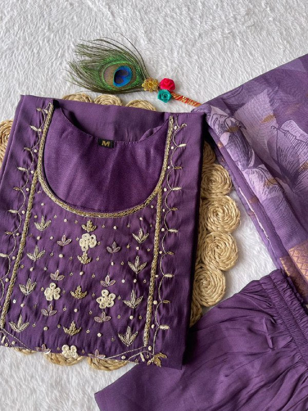 Posh Light Purple Roman Silk Handworked Kurta Pant Dupatta Set - INDIAN ELEGANCE