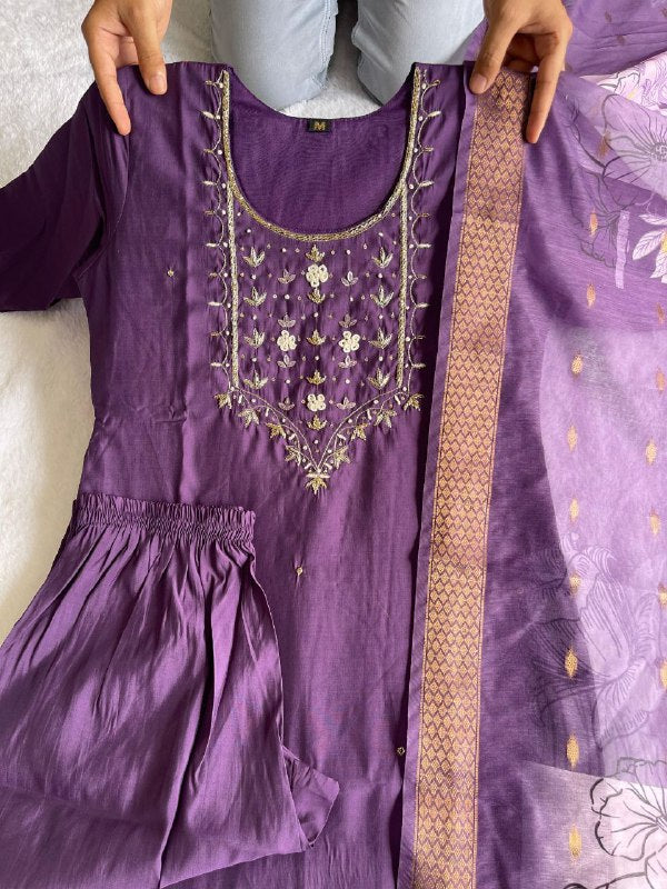 Posh Light Purple Roman Silk Handworked Kurta Pant Dupatta Set - INDIAN ELEGANCE