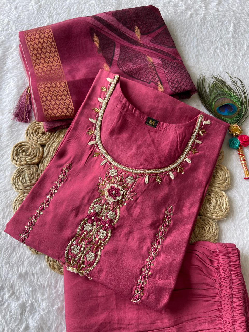 Enticing Rouge Roman Silk Handworked Kurta Pant Dupatta Set - INDIAN ELEGANCE