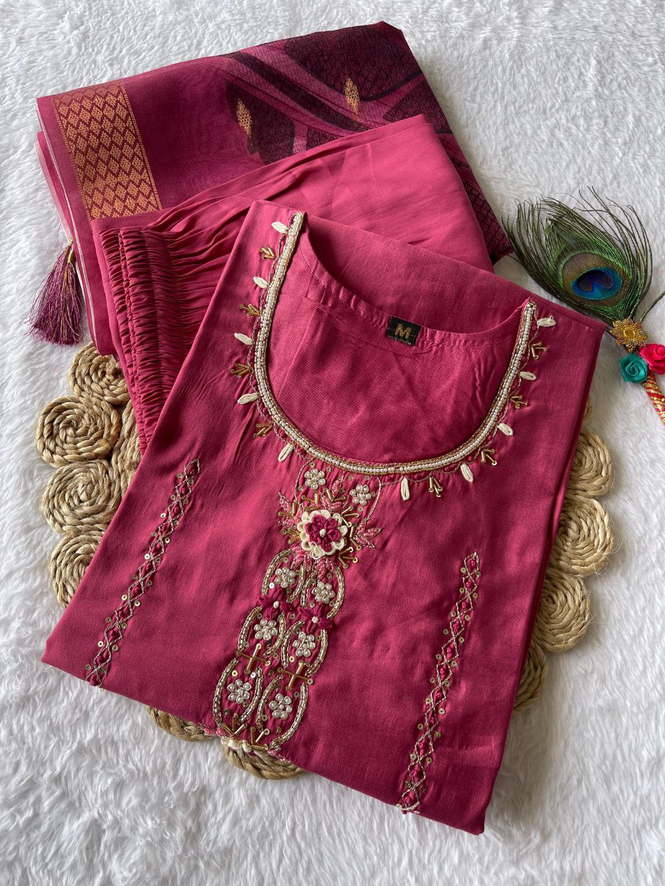 Enticing Rouge Roman Silk Handworked Kurta Pant Dupatta Set - INDIAN ELEGANCE
