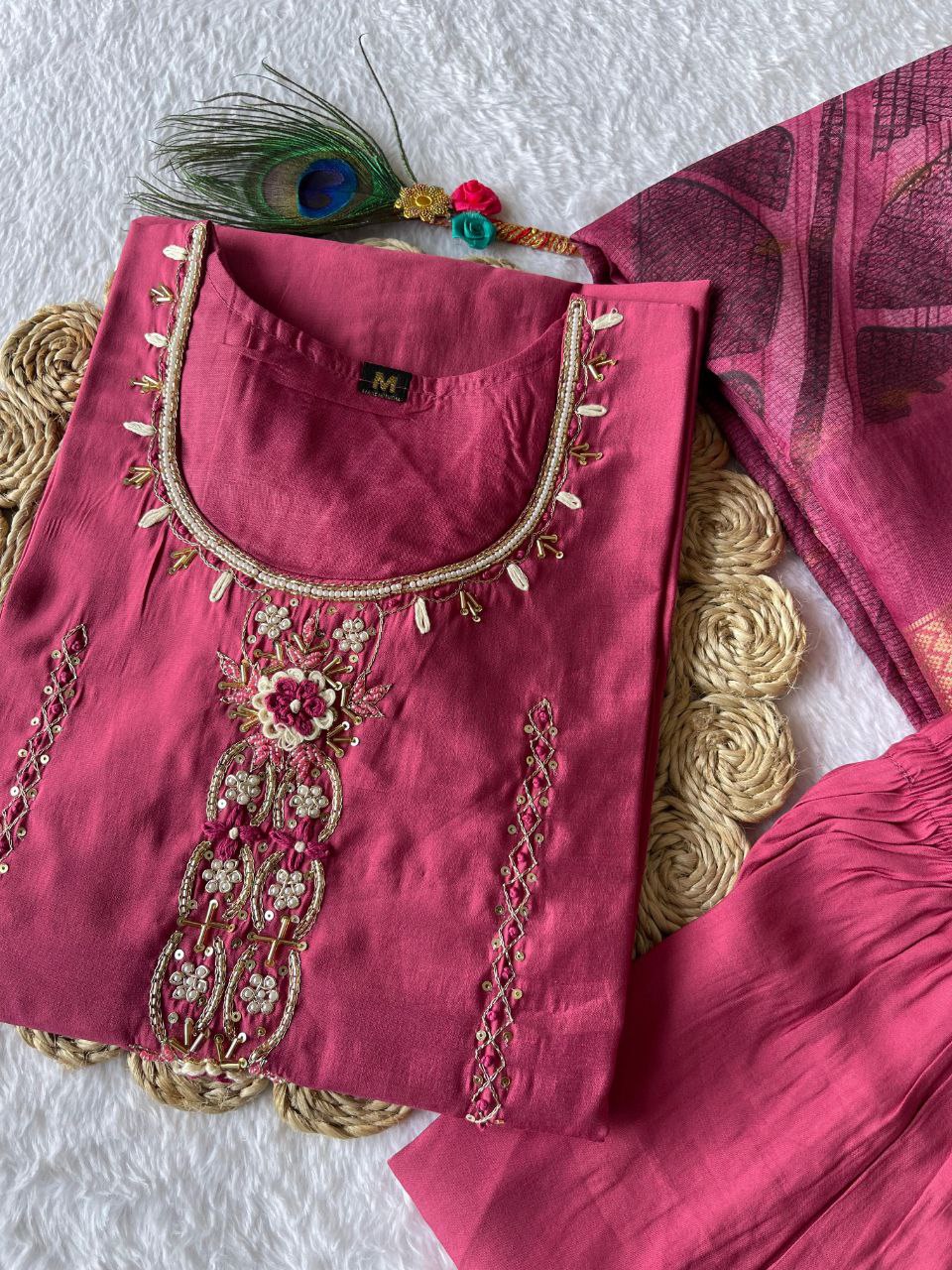Enticing Rouge Roman Silk Handworked Kurta Pant Dupatta Set - INDIAN ELEGANCE