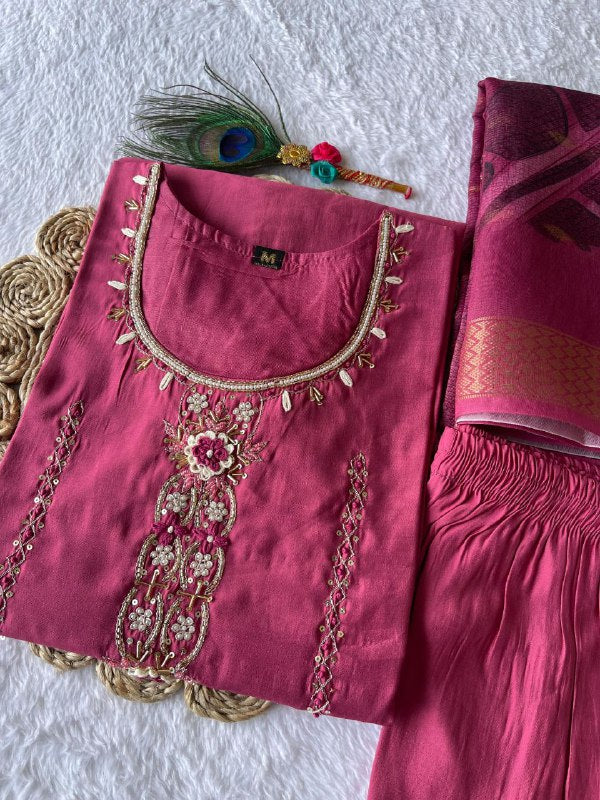 Enticing Rouge Roman Silk Handworked Kurta Pant Dupatta Set - INDIAN ELEGANCE