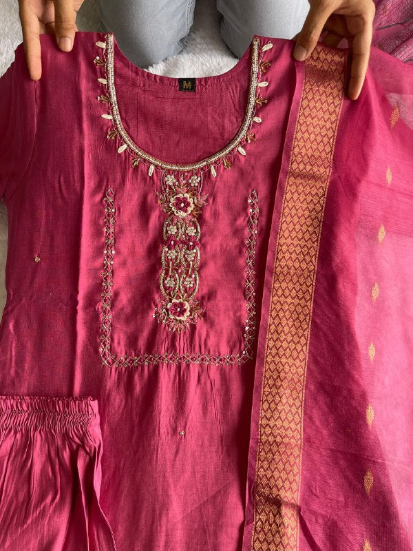 Enticing Rouge Roman Silk Handworked Kurta Pant Dupatta Set - INDIAN ELEGANCE