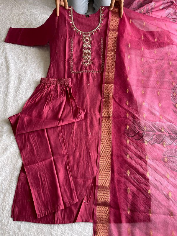 Enticing Rouge Roman Silk Handworked Kurta Pant Dupatta Set - INDIAN ELEGANCE