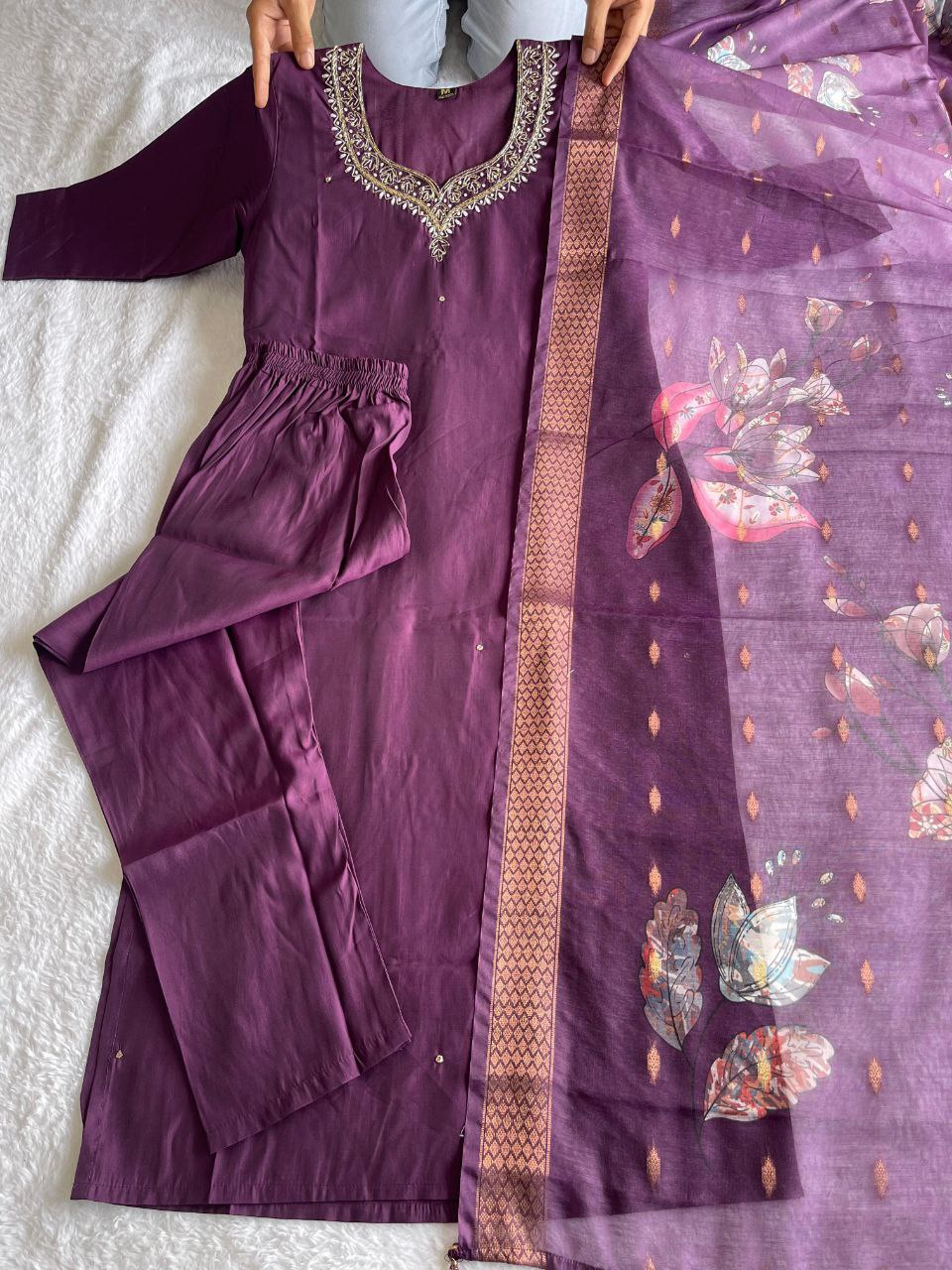 Winsome Purple Roman Silk Handworked Kurta Pant Dupatta Set - INDIAN ELEGANCE