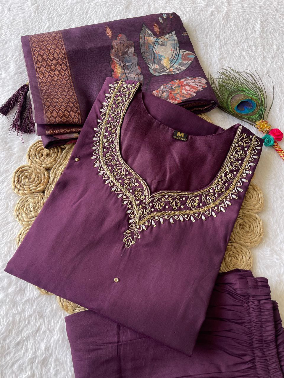 Winsome Purple Roman Silk Handworked Kurta Pant Dupatta Set - INDIAN ELEGANCE