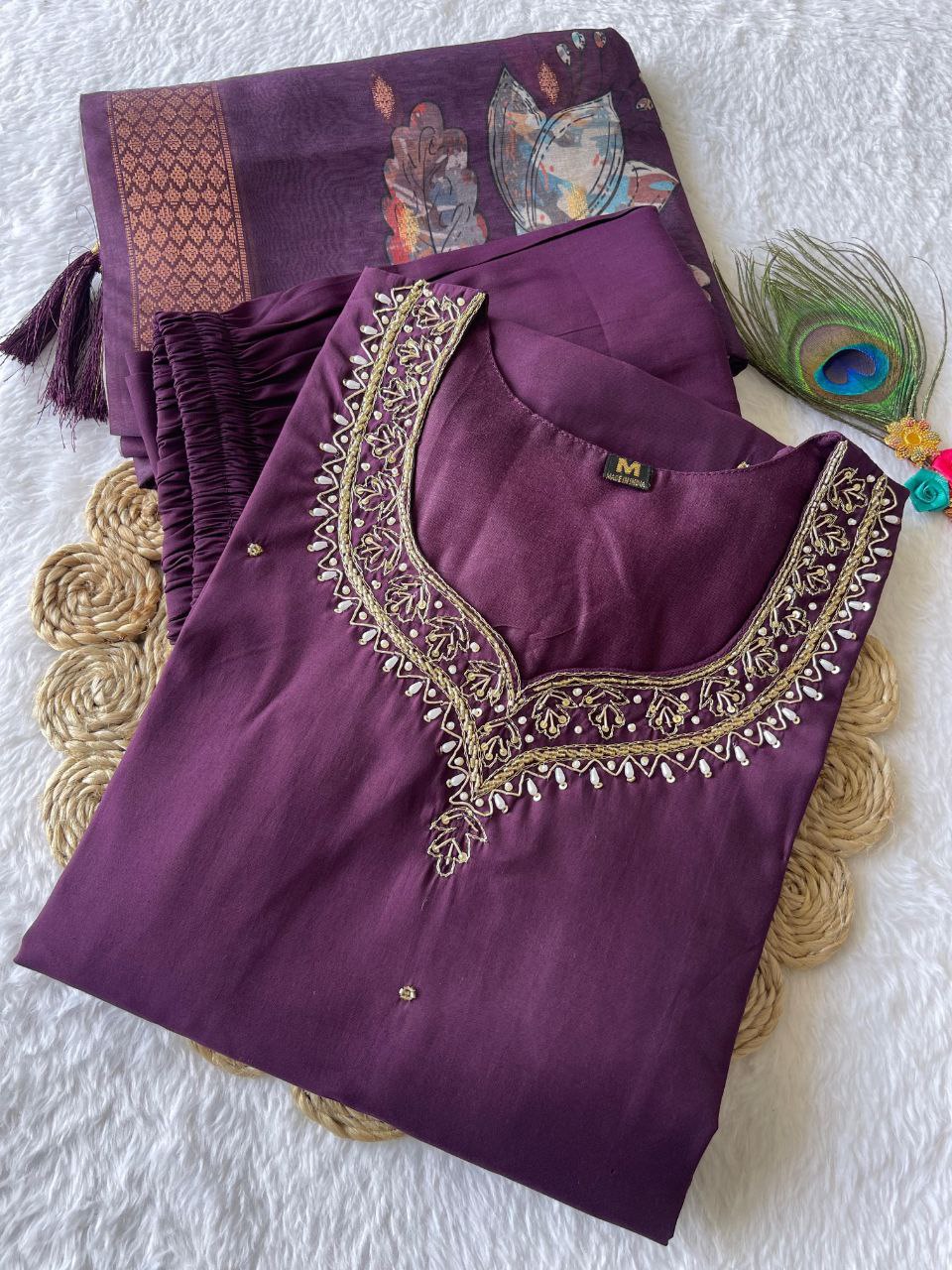 Winsome Purple Roman Silk Handworked Kurta Pant Dupatta Set - INDIAN ELEGANCE