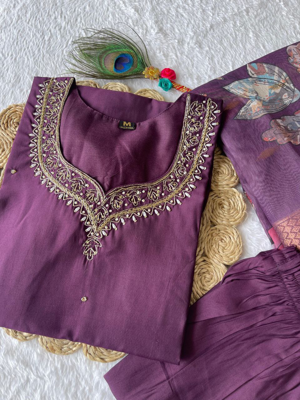 Winsome Purple Roman Silk Handworked Kurta Pant Dupatta Set - INDIAN ELEGANCE