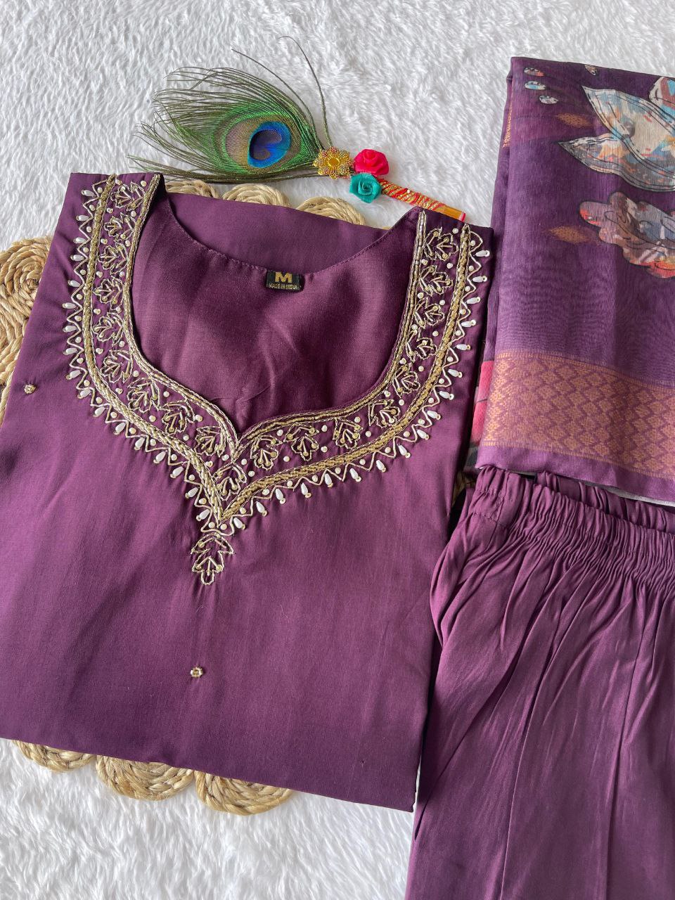 Winsome Purple Roman Silk Handworked Kurta Pant Dupatta Set - INDIAN ELEGANCE