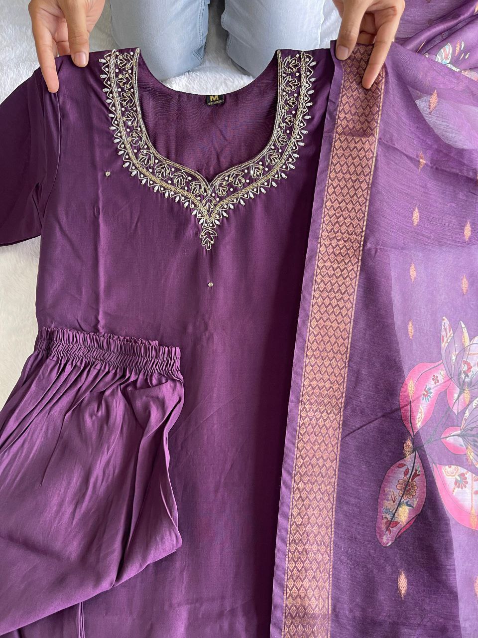 Winsome Purple Roman Silk Handworked Kurta Pant Dupatta Set - INDIAN ELEGANCE