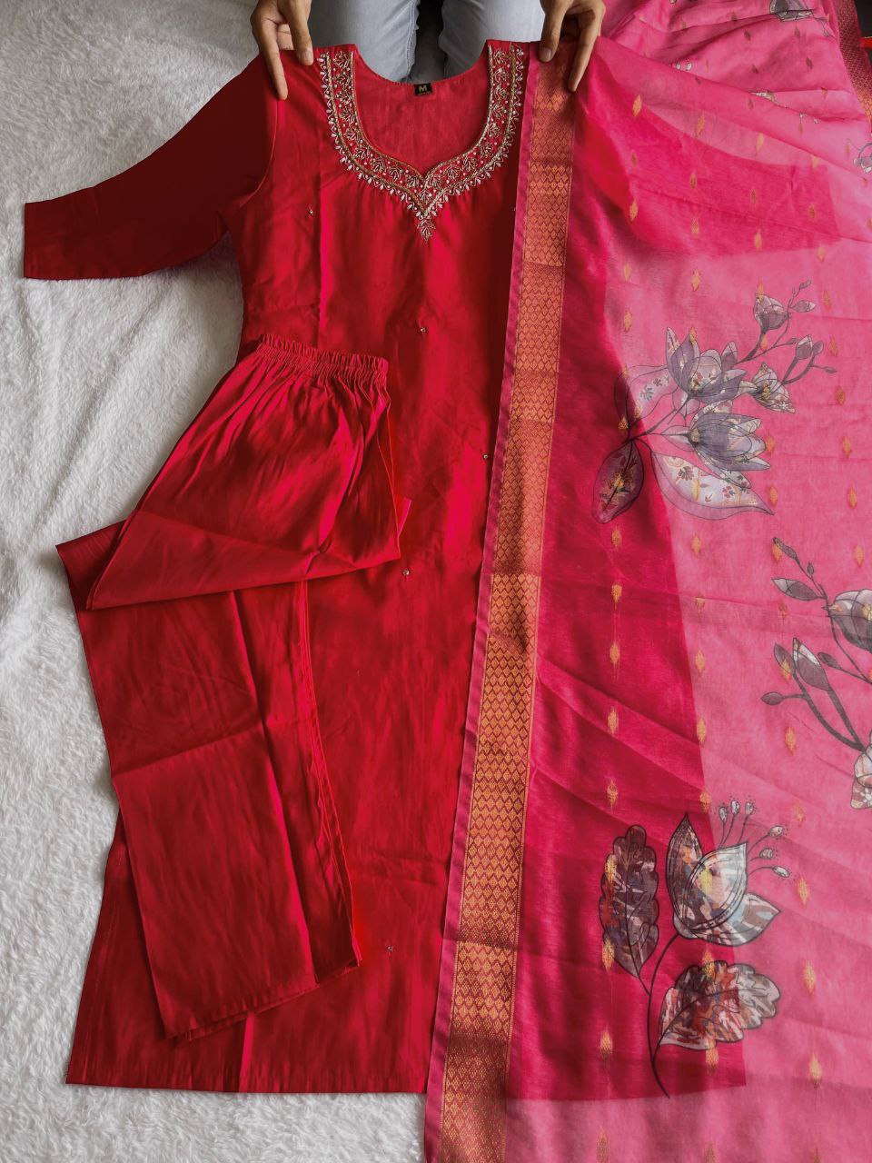 Stunning Tomato Red Roman Silk Handworked Kurta Pant Dupatta Set - INDIAN ELEGANCE