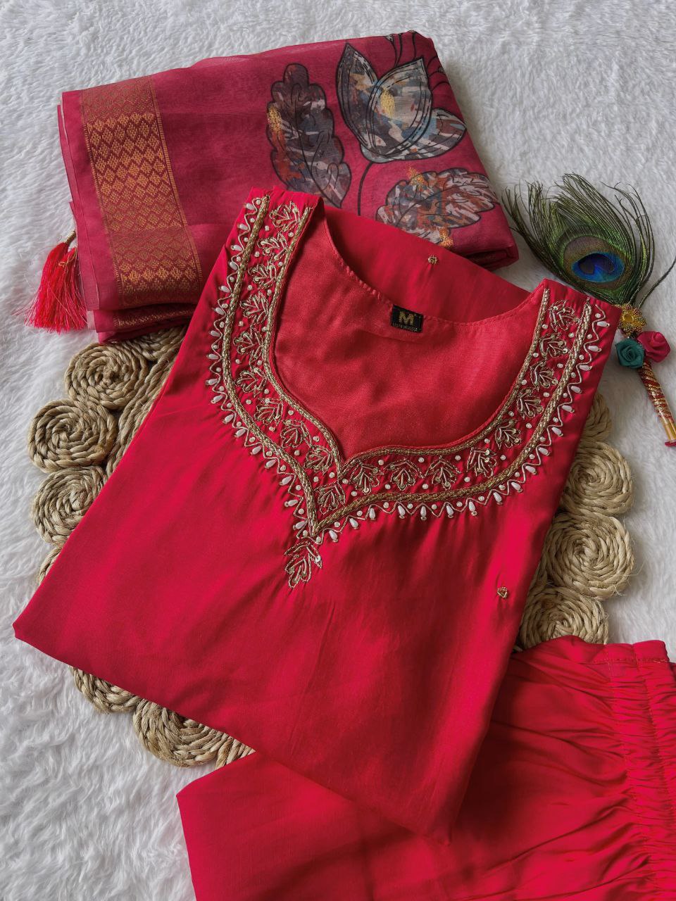 Stunning Tomato Red Roman Silk Handworked Kurta Pant Dupatta Set - INDIAN ELEGANCE