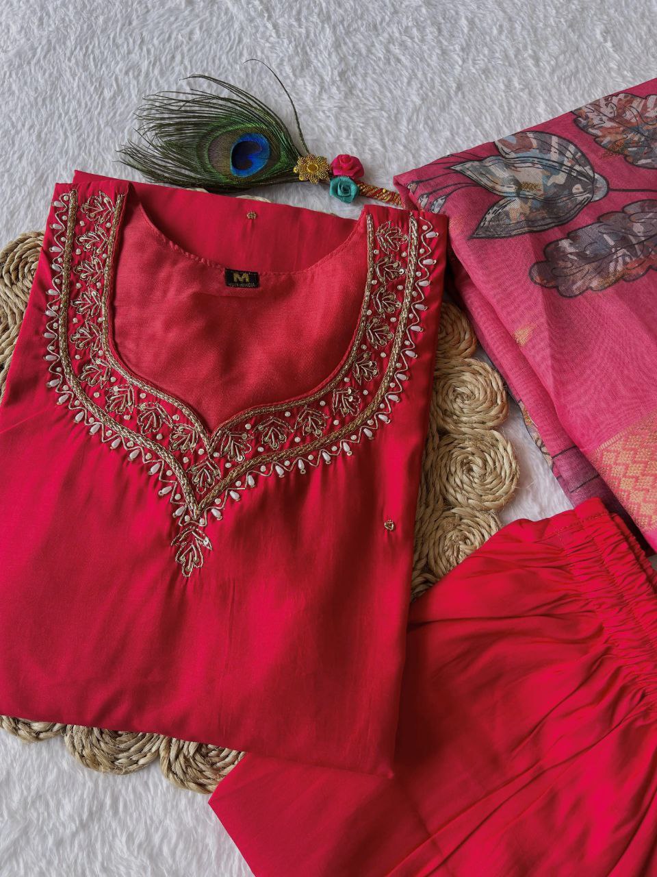 Stunning Tomato Red Roman Silk Handworked Kurta Pant Dupatta Set - INDIAN ELEGANCE