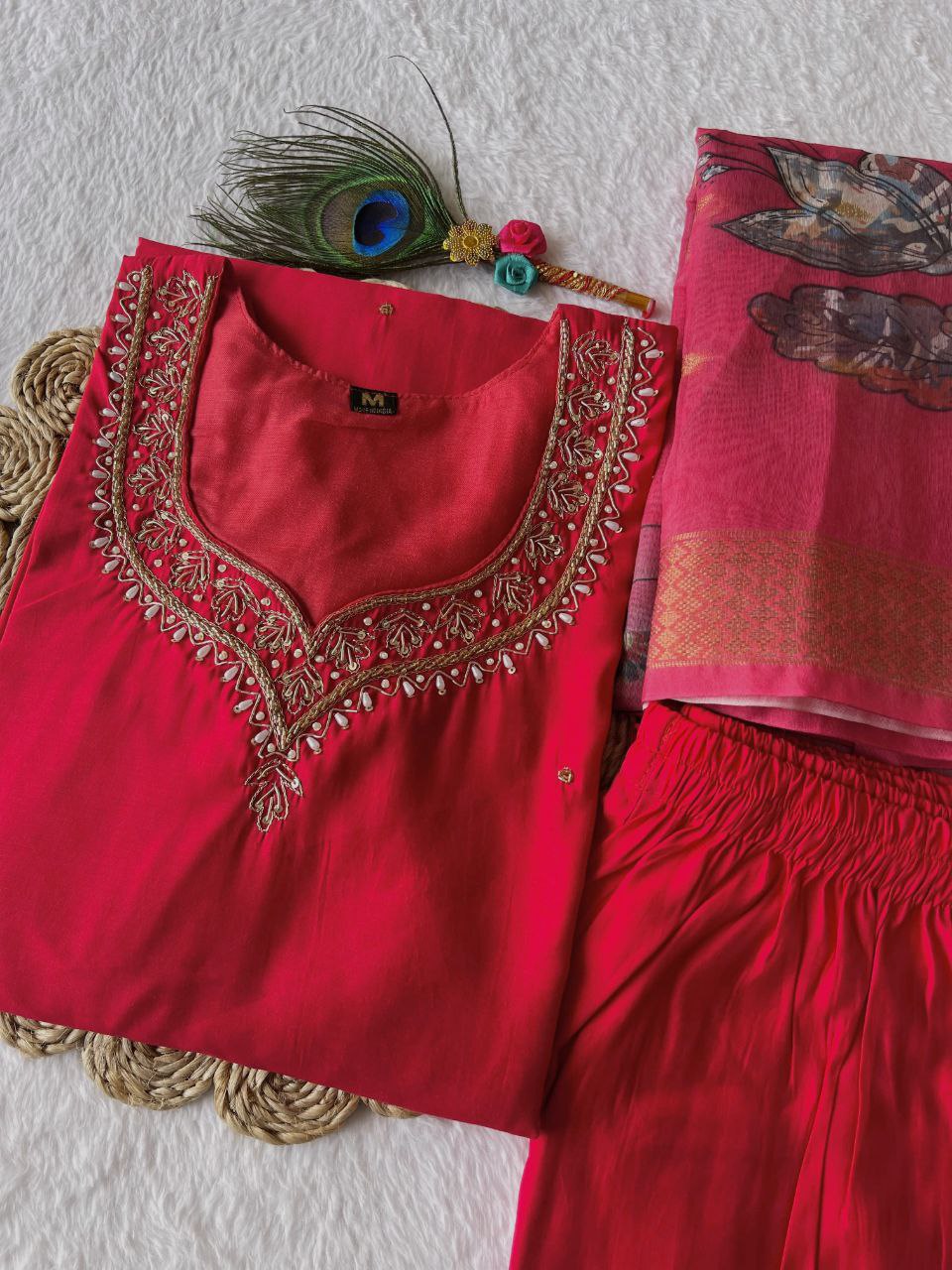 Stunning Tomato Red Roman Silk Handworked Kurta Pant Dupatta Set - INDIAN ELEGANCE
