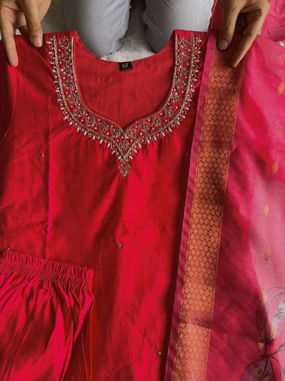 Stunning Tomato Red Roman Silk Handworked Kurta Pant Dupatta Set - INDIAN ELEGANCE