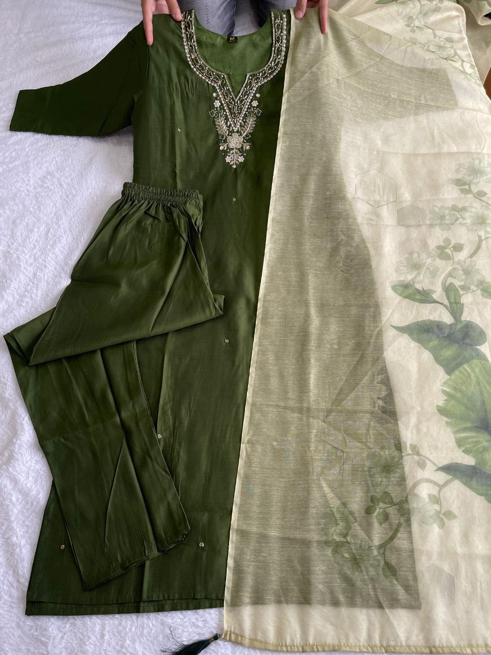 Sublime Dark Mehendi Roman Silk Handworked Kurta Pant Dupatta Set - INDIAN ELEGANCE