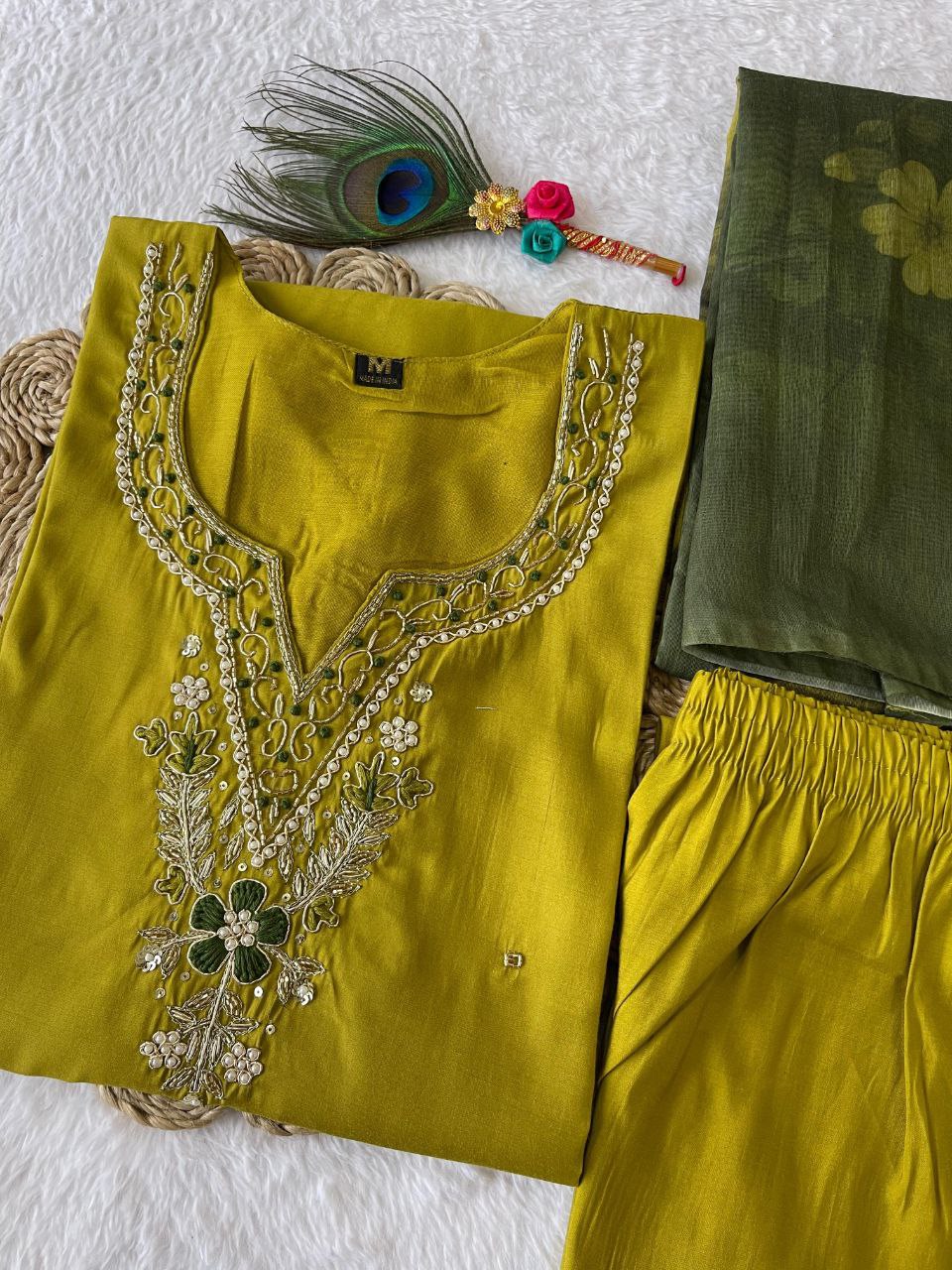 Fabulous Parrot Green Roman Silk Handworked Kurta Pant Dupatta Set - INDIAN ELEGANCE