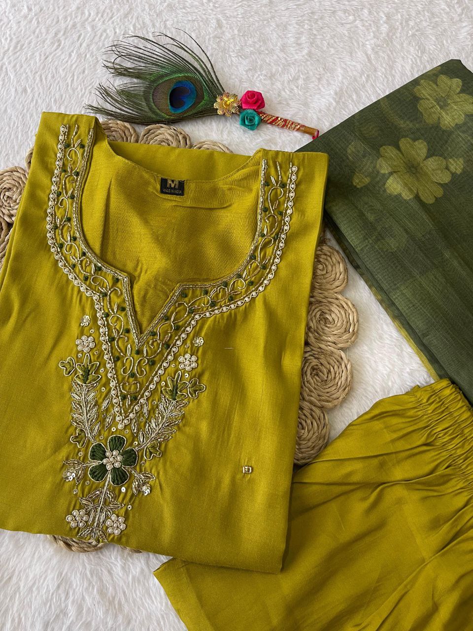 Fabulous Parrot Green Roman Silk Handworked Kurta Pant Dupatta Set - INDIAN ELEGANCE