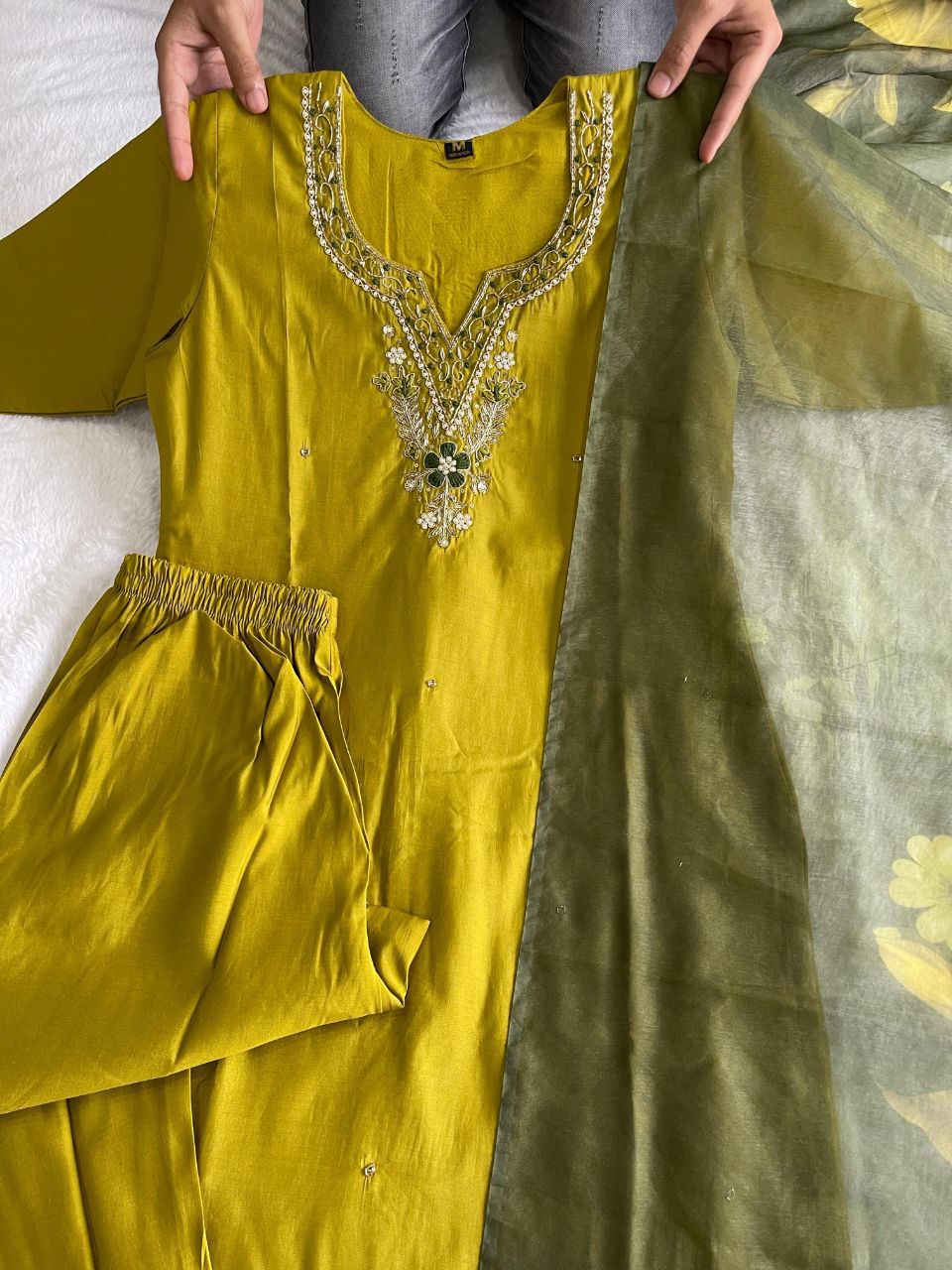 Fabulous Parrot Green Roman Silk Handworked Kurta Pant Dupatta Set - INDIAN ELEGANCE