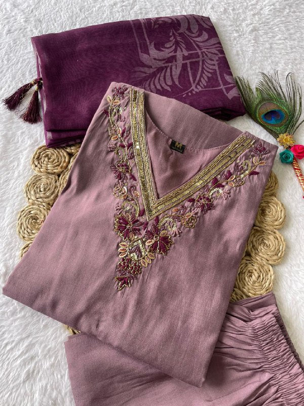 Luminous Ice Wine Roman Silk Handworked Kurta Pant Dupatta Set - INDIAN ELEGANCE