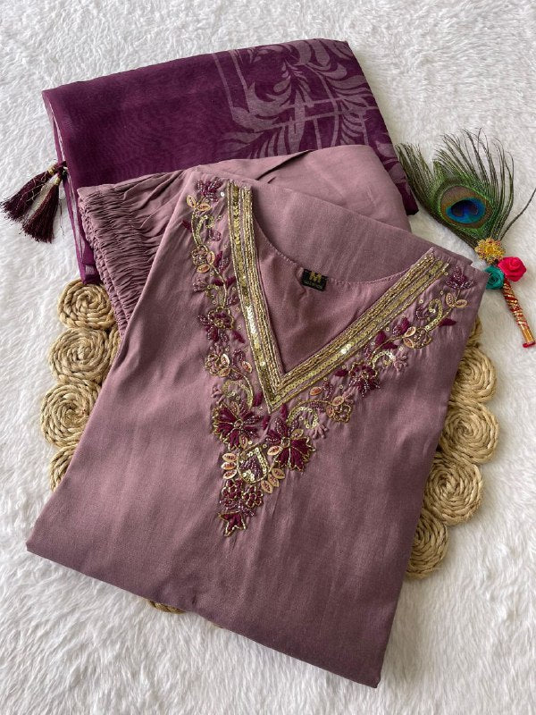 Luminous Ice Wine Roman Silk Handworked Kurta Pant Dupatta Set - INDIAN ELEGANCE