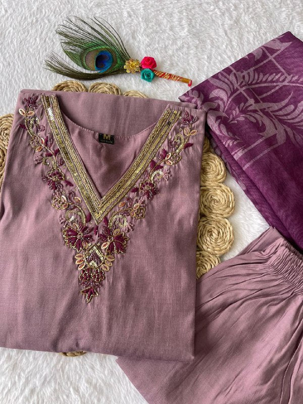 Luminous Ice Wine Roman Silk Handworked Kurta Pant Dupatta Set - INDIAN ELEGANCE