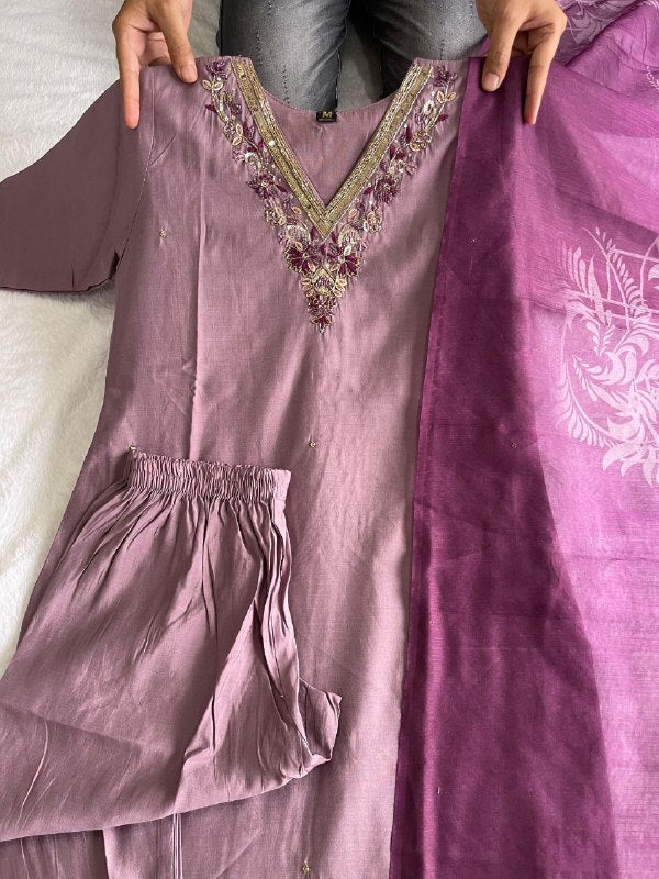 Luminous Ice Wine Roman Silk Handworked Kurta Pant Dupatta Set - INDIAN ELEGANCE