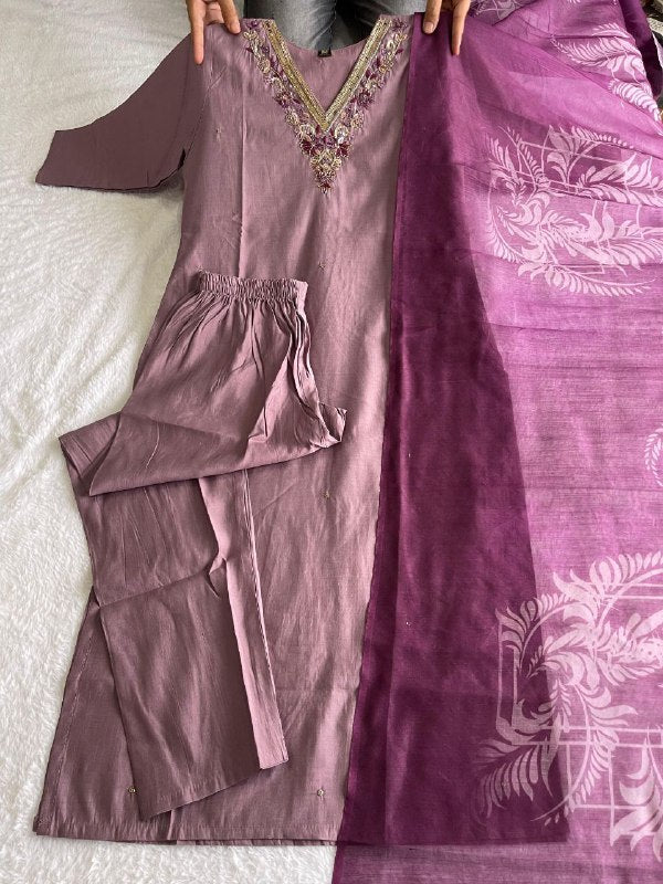 Luminous Ice Wine Roman Silk Handworked Kurta Pant Dupatta Set - INDIAN ELEGANCE