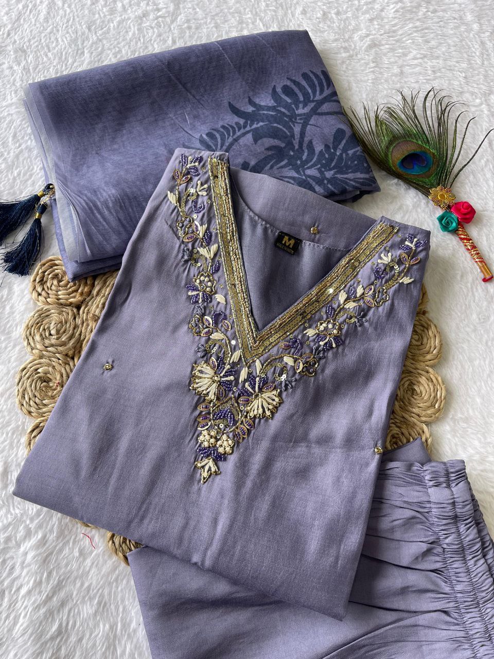 Breathtaking Lavender Roman Silk Handworked Kurta Pant Dupatta Set - INDIAN ELEGANCE