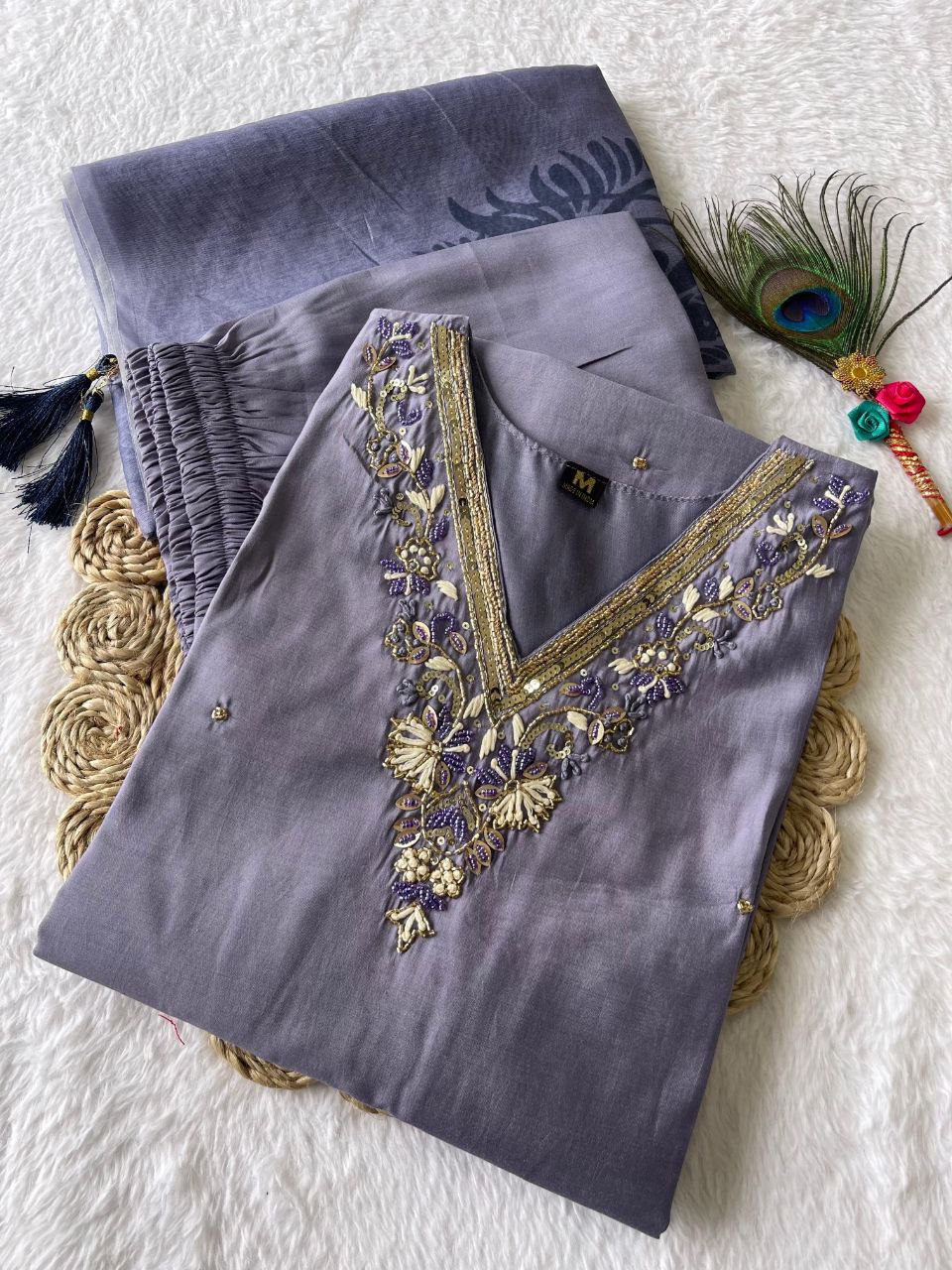 Breathtaking Lavender Roman Silk Handworked Kurta Pant Dupatta Set - INDIAN ELEGANCE