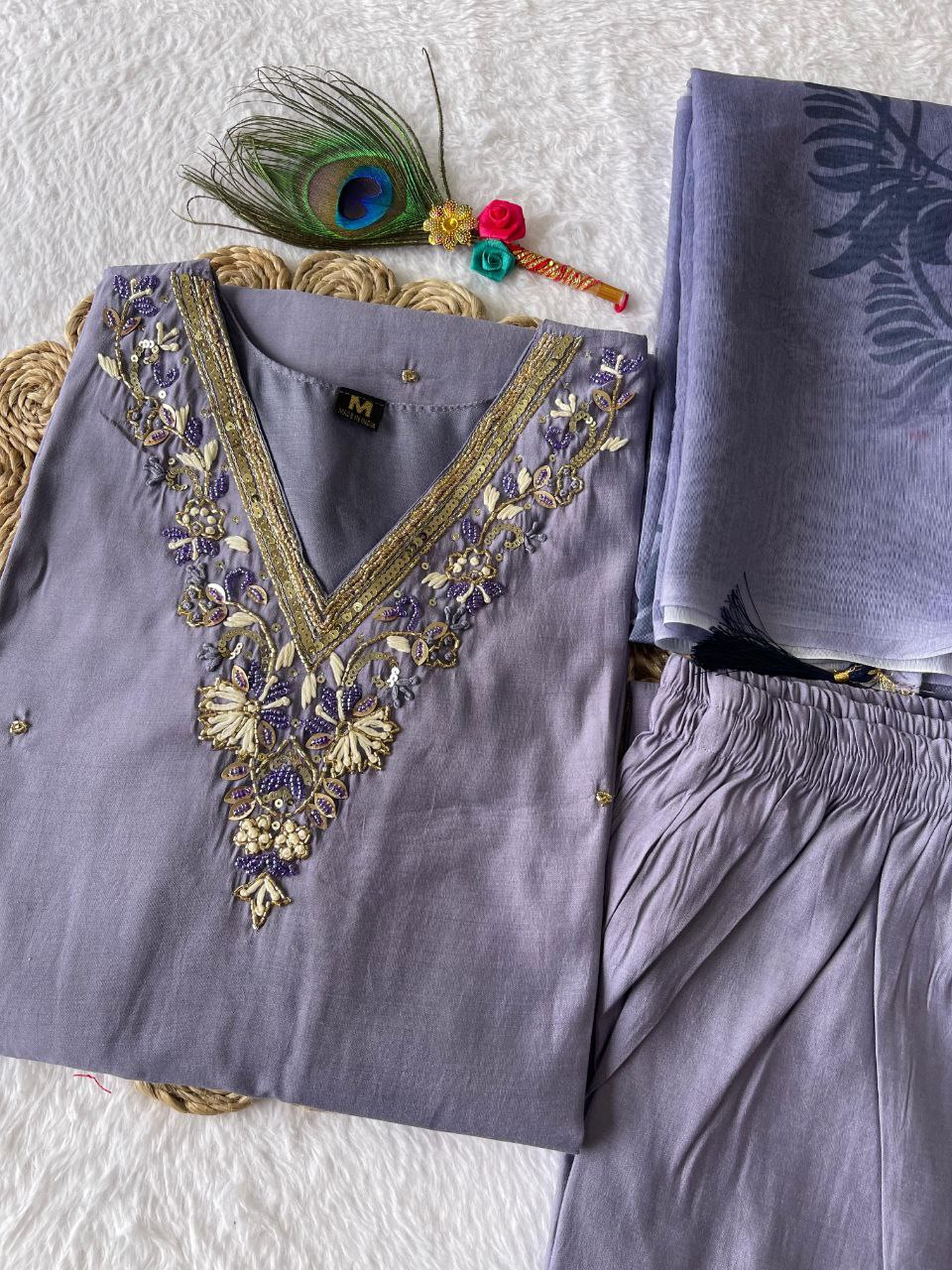 Breathtaking Lavender Roman Silk Handworked Kurta Pant Dupatta Set - INDIAN ELEGANCE