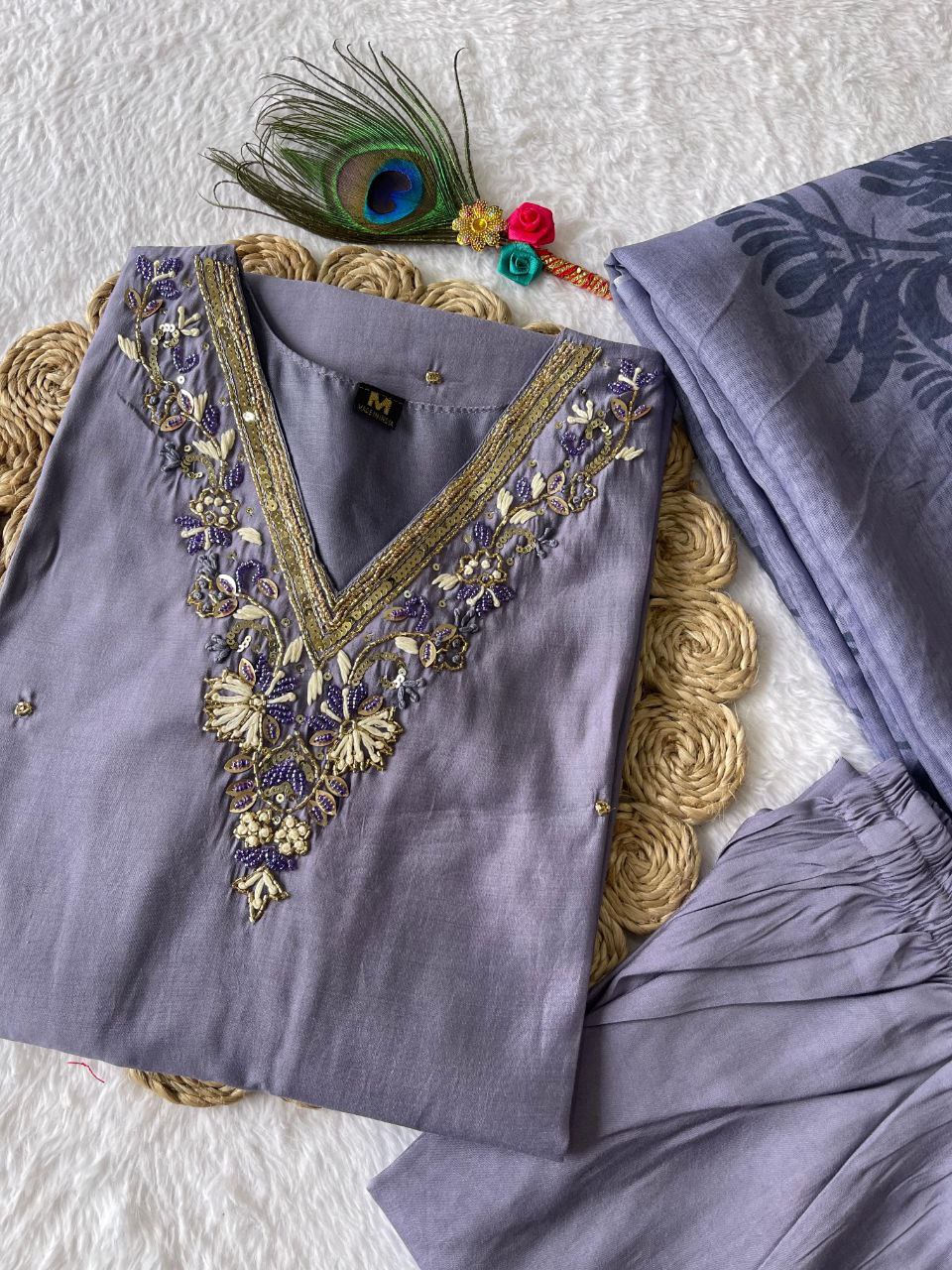 Breathtaking Lavender Roman Silk Handworked Kurta Pant Dupatta Set - INDIAN ELEGANCE