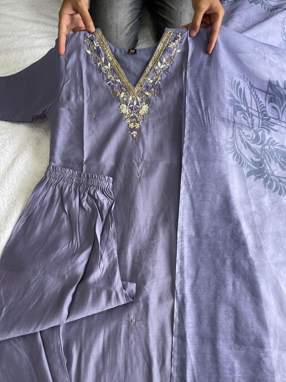 Breathtaking Lavender Roman Silk Handworked Kurta Pant Dupatta Set - INDIAN ELEGANCE