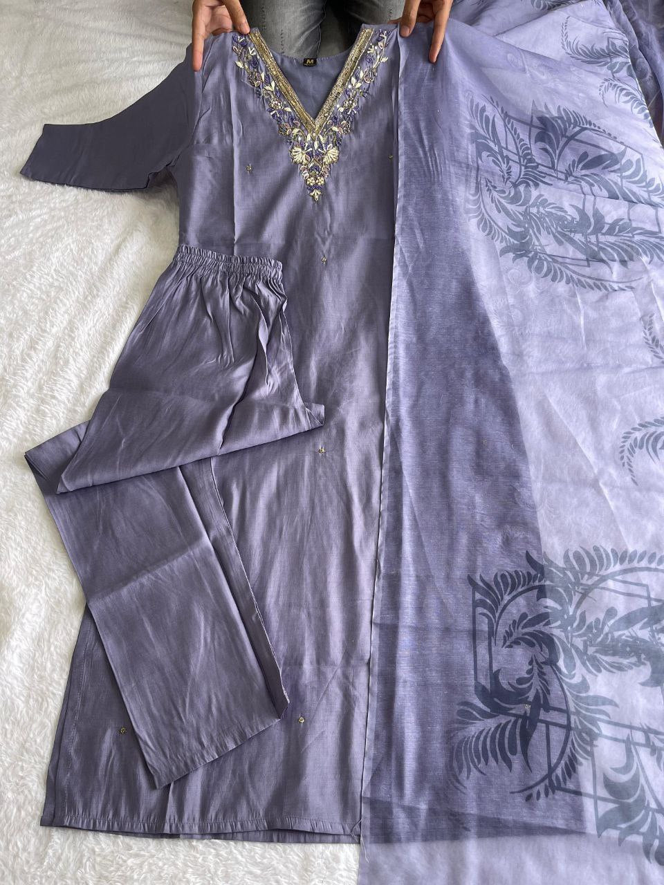Breathtaking Lavender Roman Silk Handworked Kurta Pant Dupatta Set - INDIAN ELEGANCE