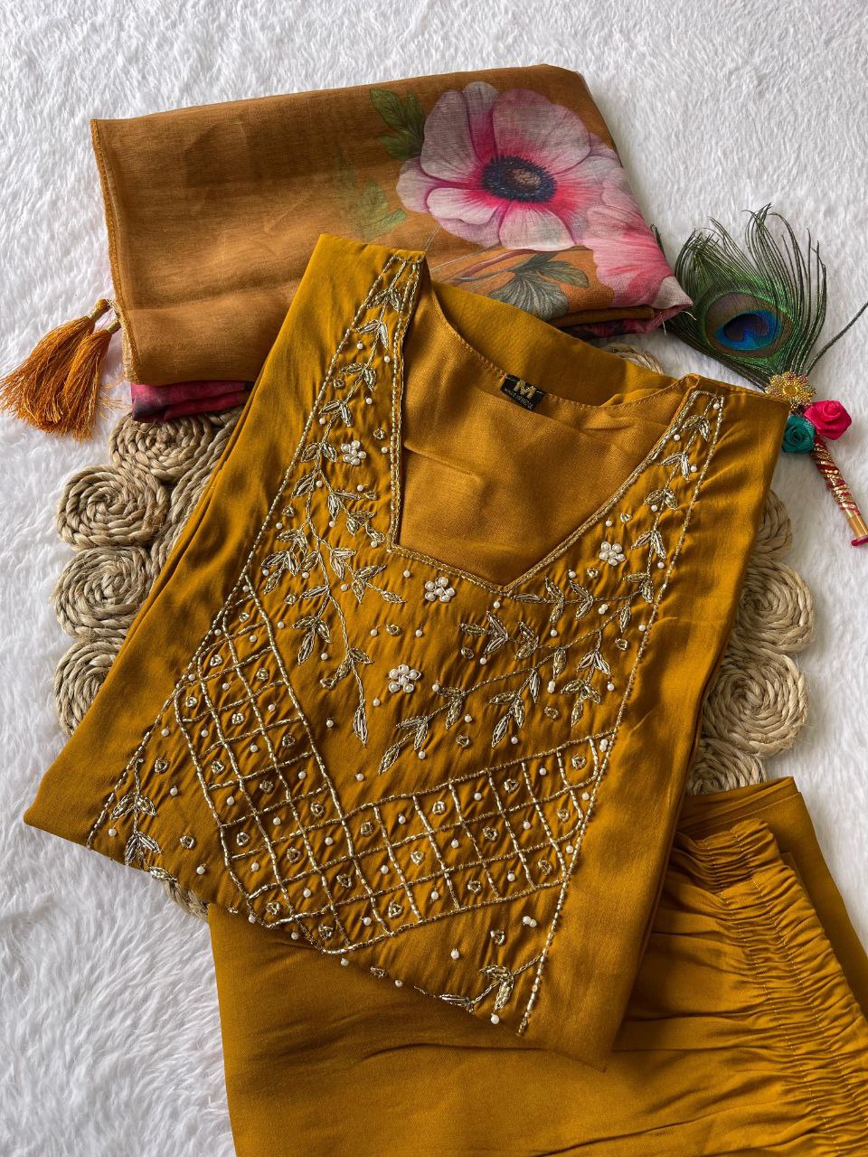 Resplendent Mustard Yellow Roman Silk Handworked Kurta Pant Dupatta Set - INDIAN ELEGANCE