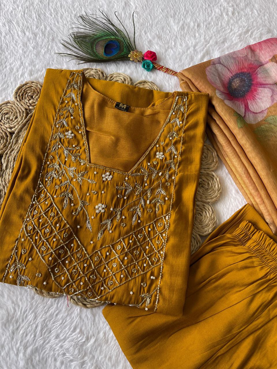 Resplendent Mustard Yellow Roman Silk Handworked Kurta Pant Dupatta Set - INDIAN ELEGANCE