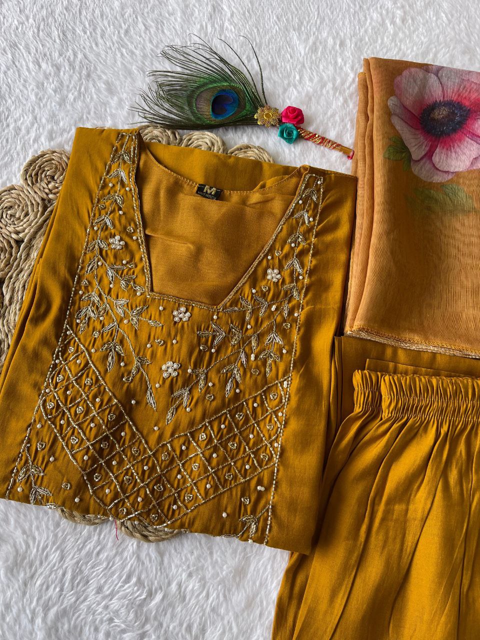 Resplendent Mustard Yellow Roman Silk Handworked Kurta Pant Dupatta Set - INDIAN ELEGANCE