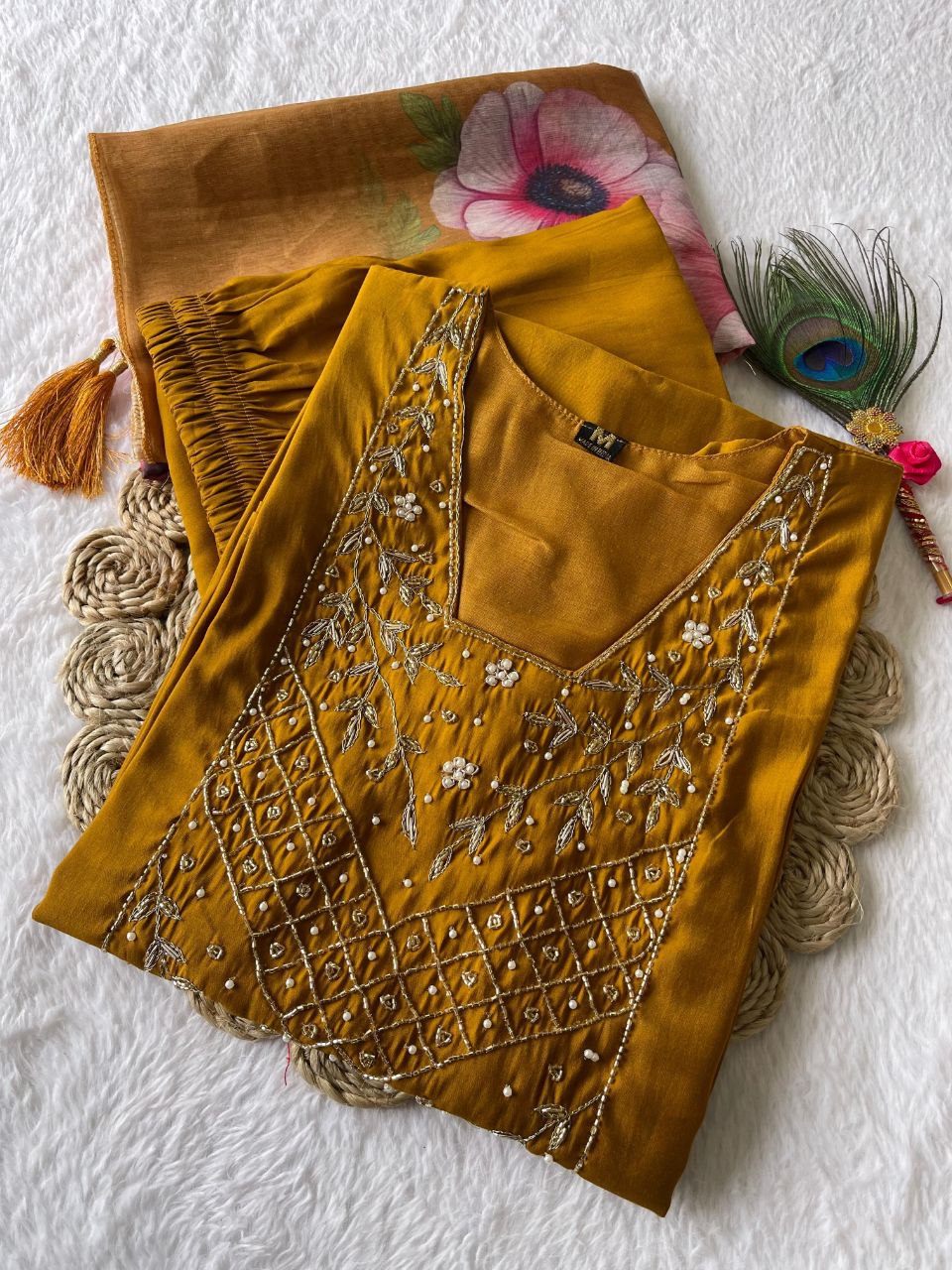 Resplendent Mustard Yellow Roman Silk Handworked Kurta Pant Dupatta Set - INDIAN ELEGANCE
