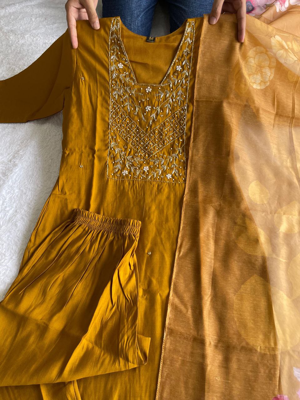 Resplendent Mustard Yellow Roman Silk Handworked Kurta Pant Dupatta Set - INDIAN ELEGANCE
