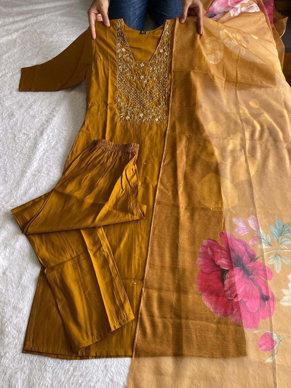 Resplendent Mustard Yellow Roman Silk Handworked Kurta Pant Dupatta Set - INDIAN ELEGANCE