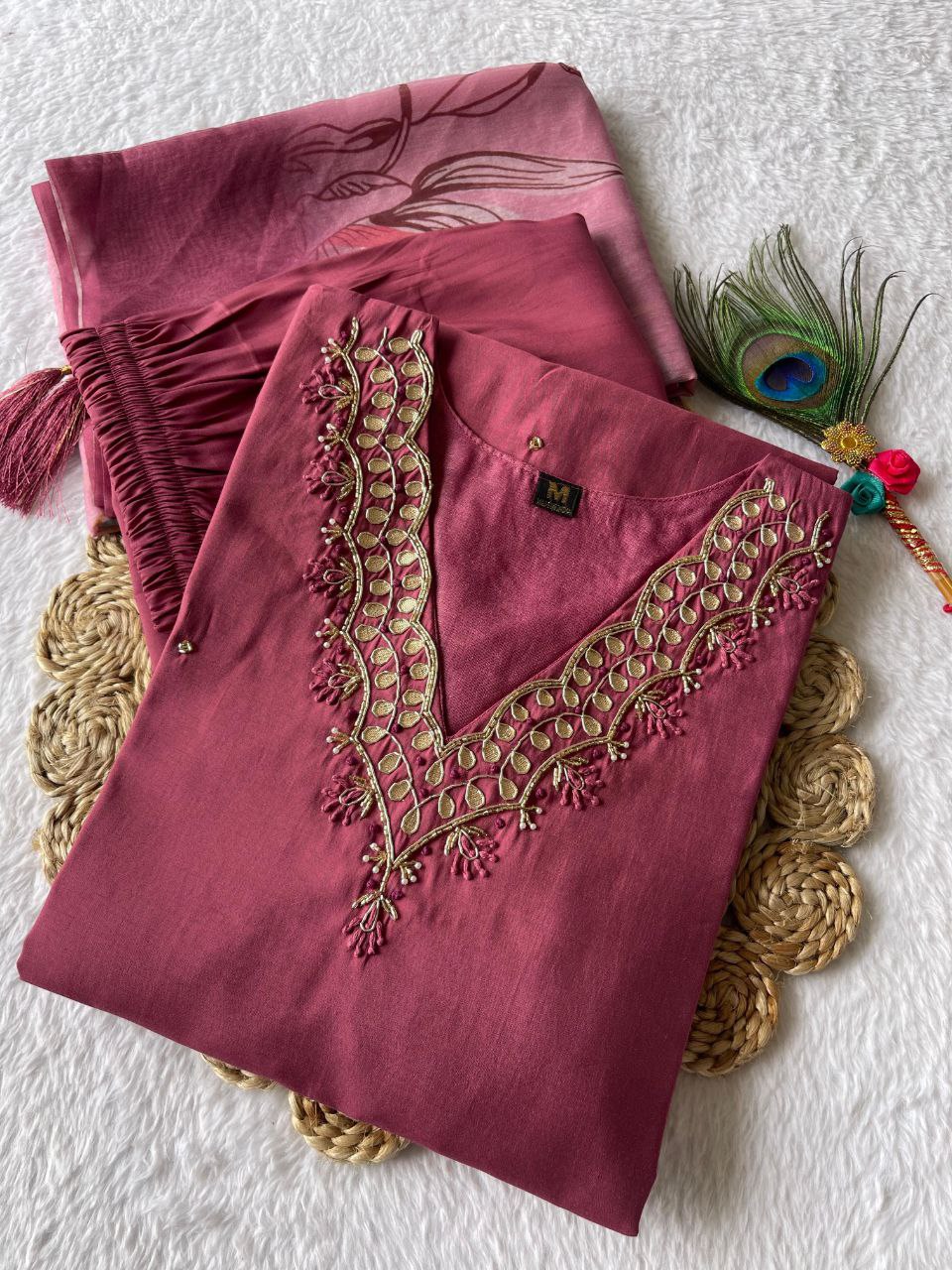 Alluring Dull Magenta Roman Silk Handworked Kurta Pant Dupatta Set - INDIAN ELEGANCE