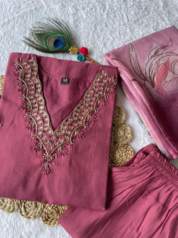 Alluring Dull Magenta Roman Silk Handworked Kurta Pant Dupatta Set - INDIAN ELEGANCE