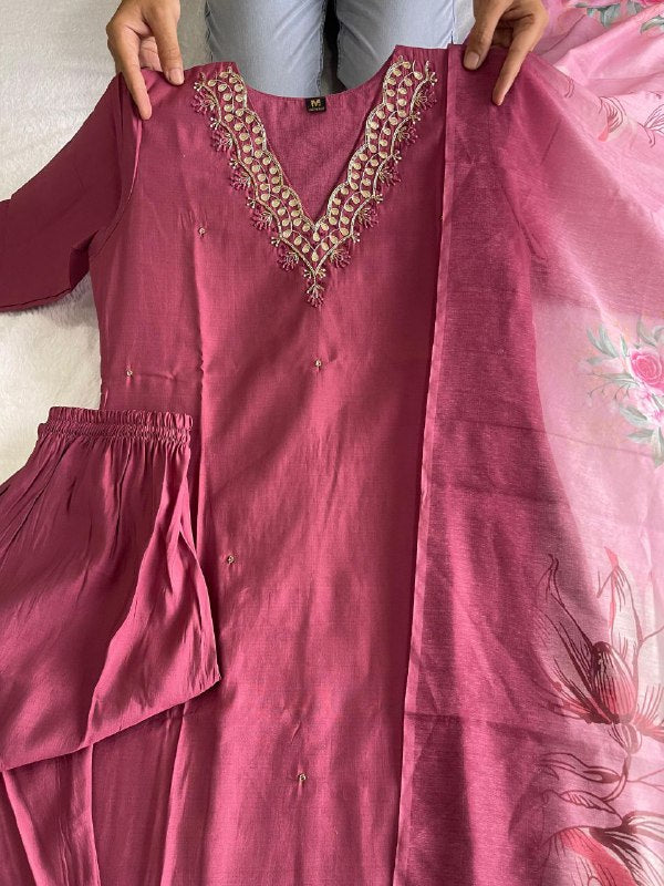 Alluring Dull Magenta Roman Silk Handworked Kurta Pant Dupatta Set - INDIAN ELEGANCE