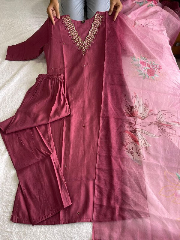 Alluring Dull Magenta Roman Silk Handworked Kurta Pant Dupatta Set - INDIAN ELEGANCE