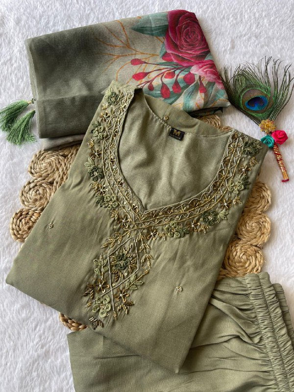 Divine Light Mehendi Roman Silk Handworked Kurta Pant Dupatta Set - INDIAN ELEGANCE